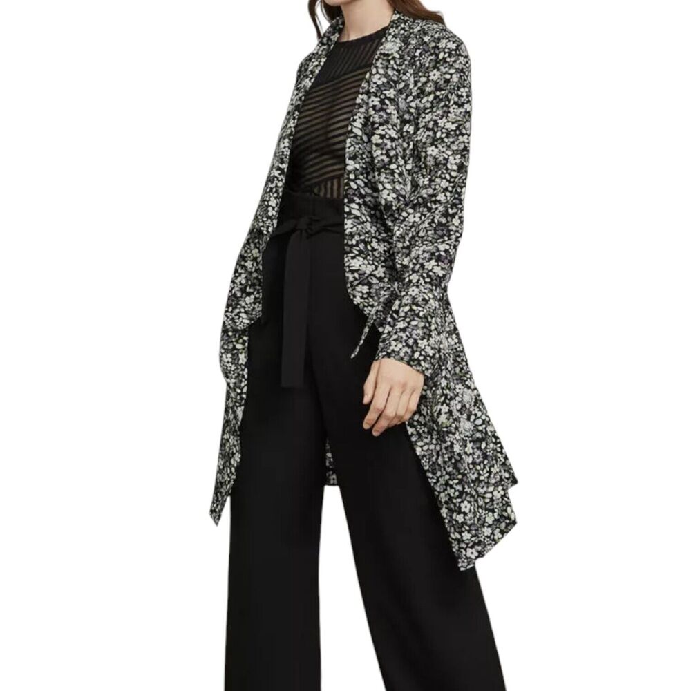 BCBG Maxazria Drapery Front Trench Floral Print Swing Coat Jacket Tie Sz L $298